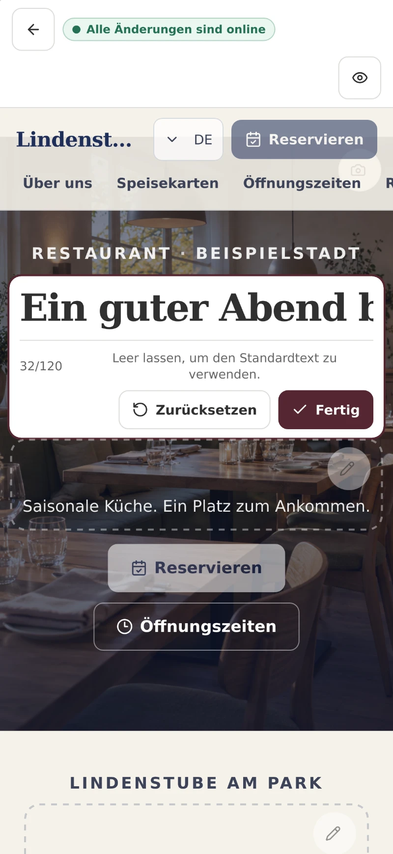 Website-Text in der Tischify App am Handy bearbeiten