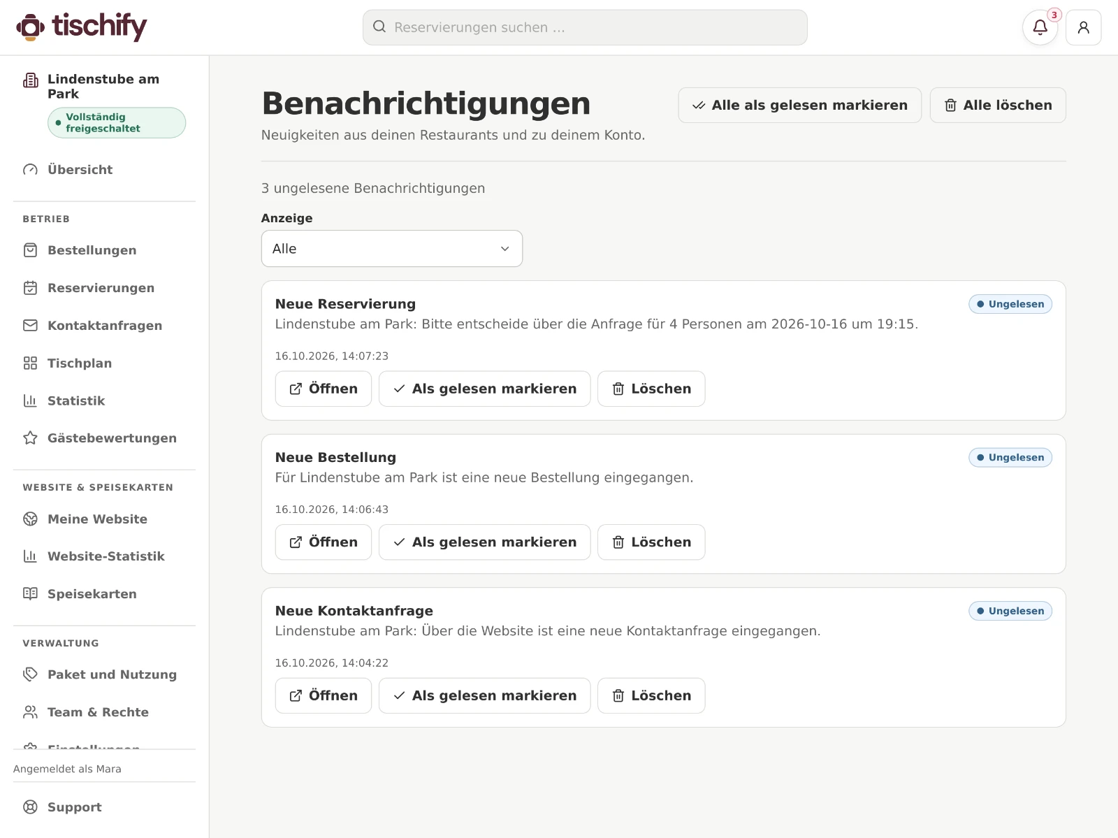Tischify Mitteilungen am Tablet: neue Reservierung, Bestellung und Kontaktanfrage