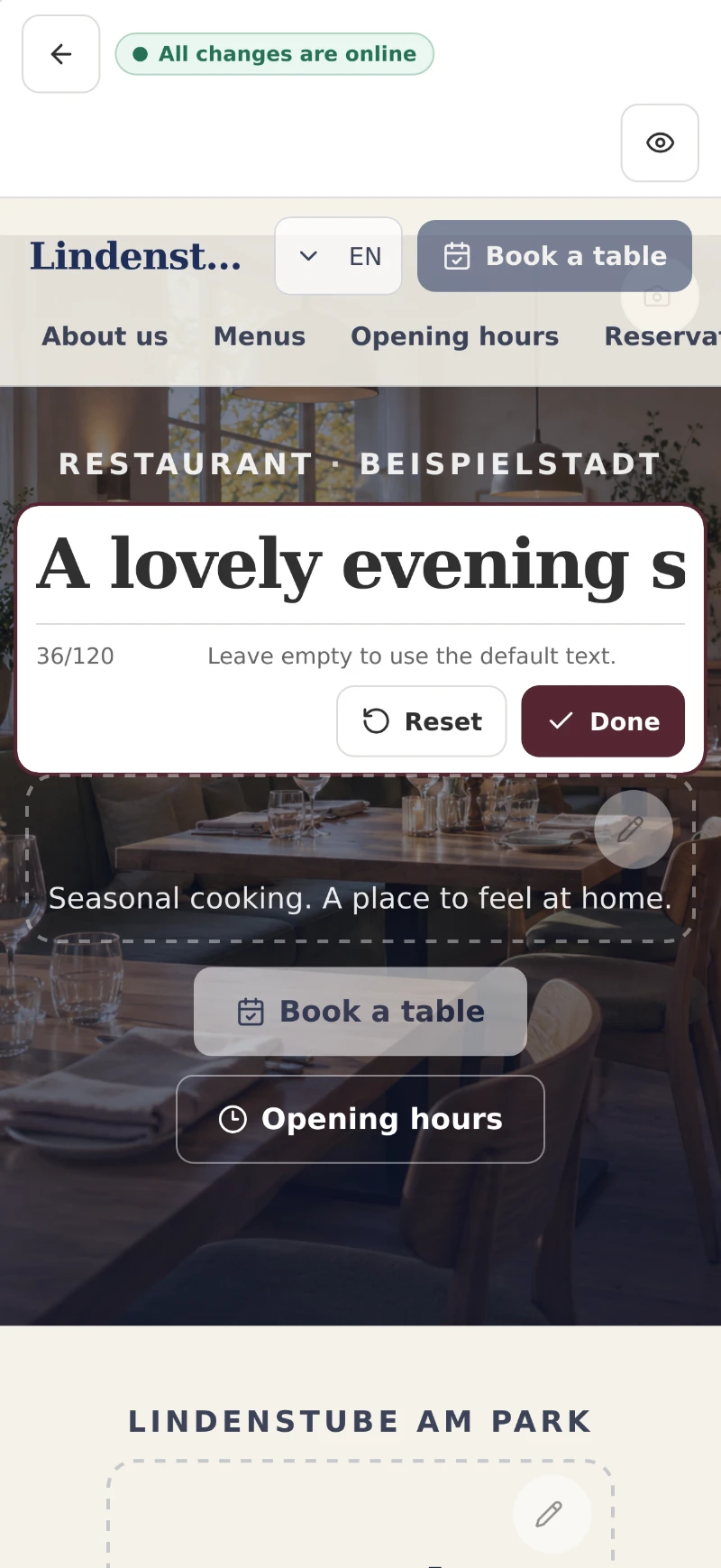 Modification d’un texte du site dans l’app Tischify sur téléphone (Interface affichée en anglais)
