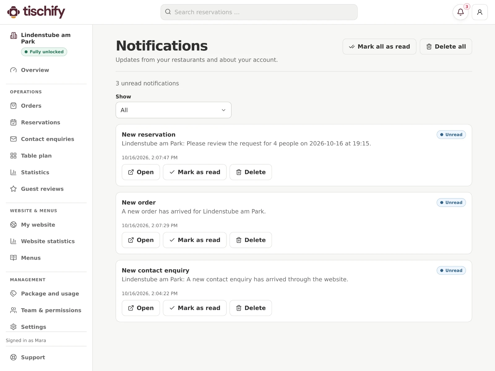 Notifications Tischify sur tablette : nouvelle réservation, commande et demande de contact (Interface affichée en anglais)