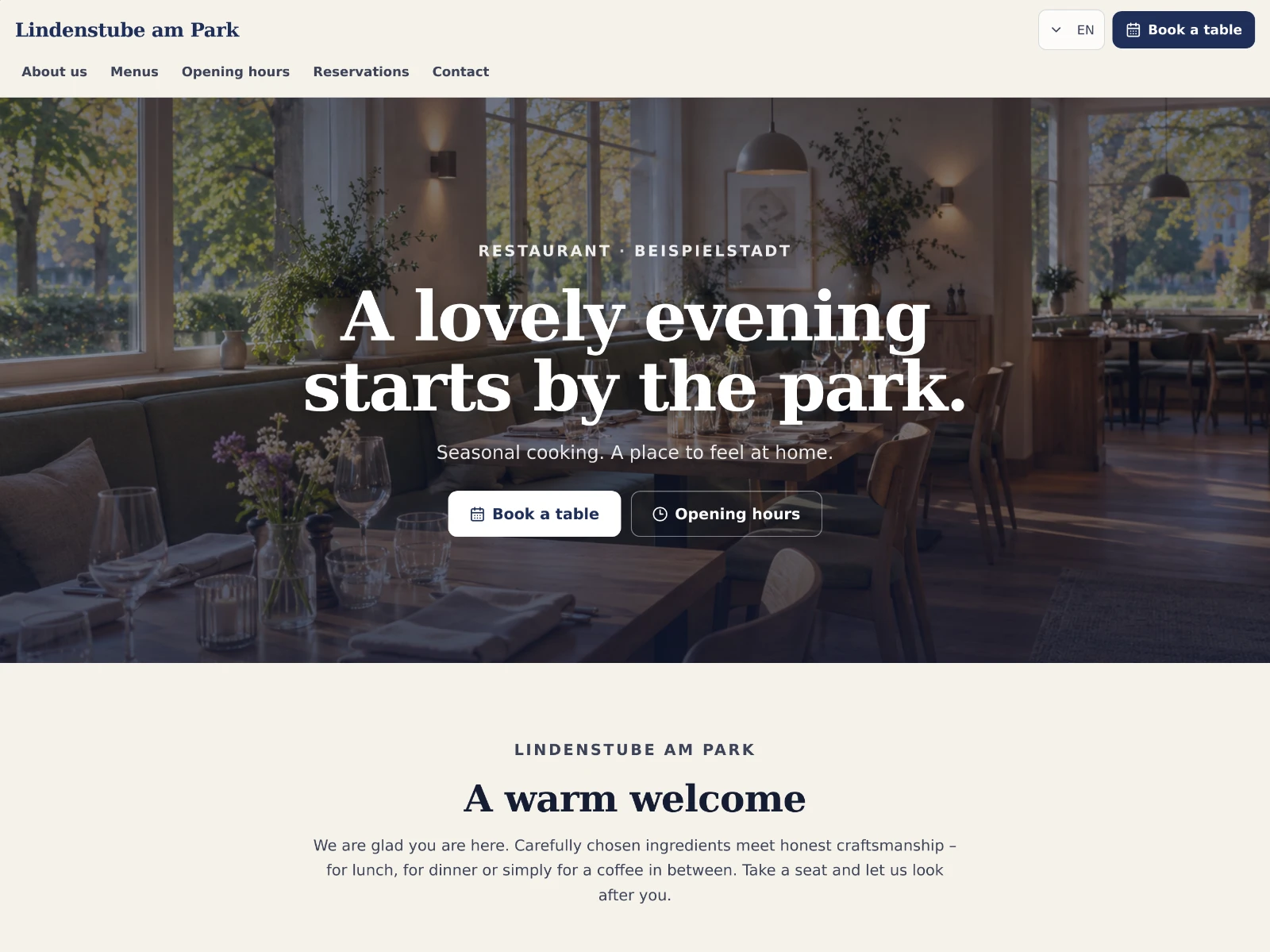 Site du restaurant fictif Lindenstube am Park sur PC (Interface affichée en anglais)