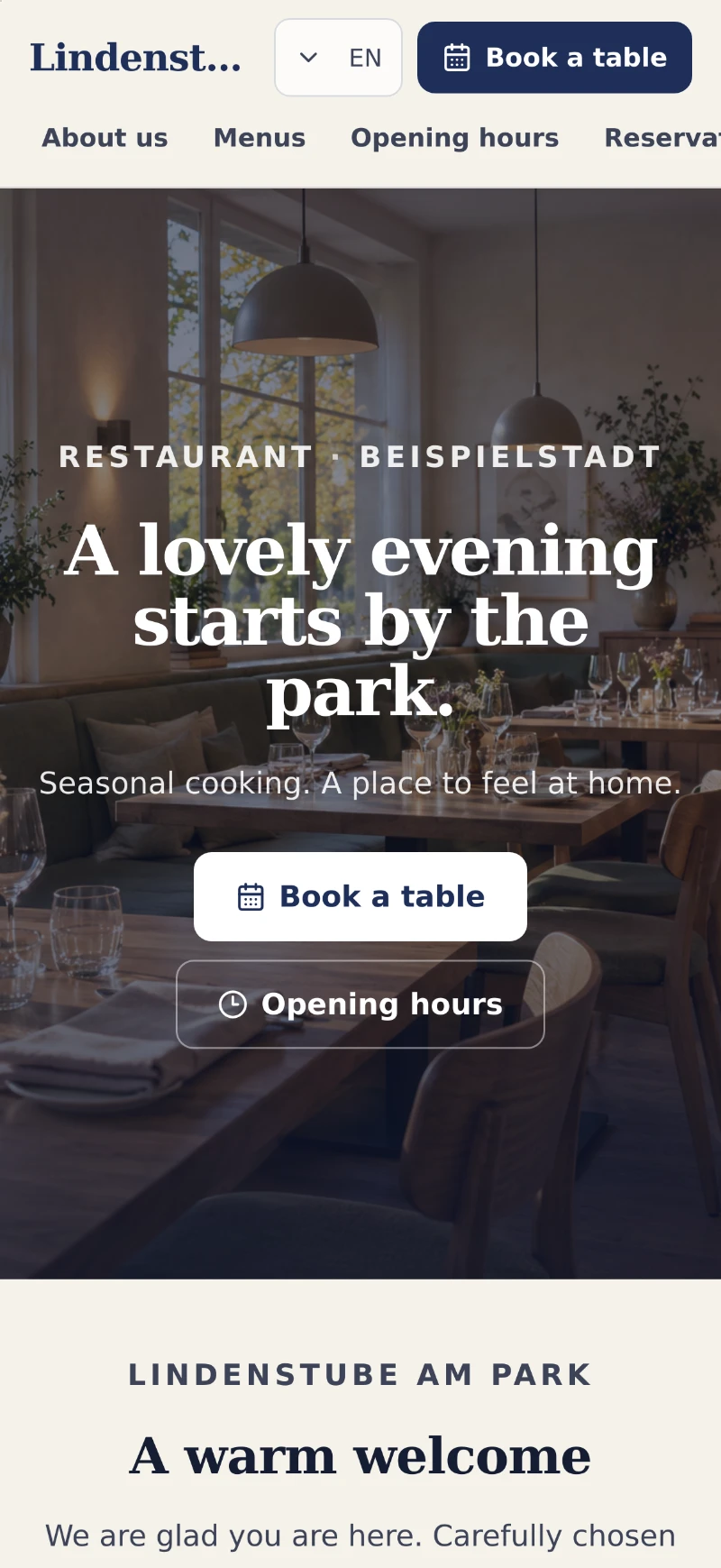 Vue mobile du site de restaurant (Interface affichée en anglais)